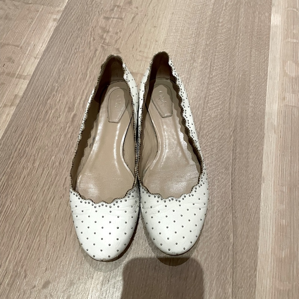 Chloe White Scalloped Stud Ballerina Flats size 37.5
